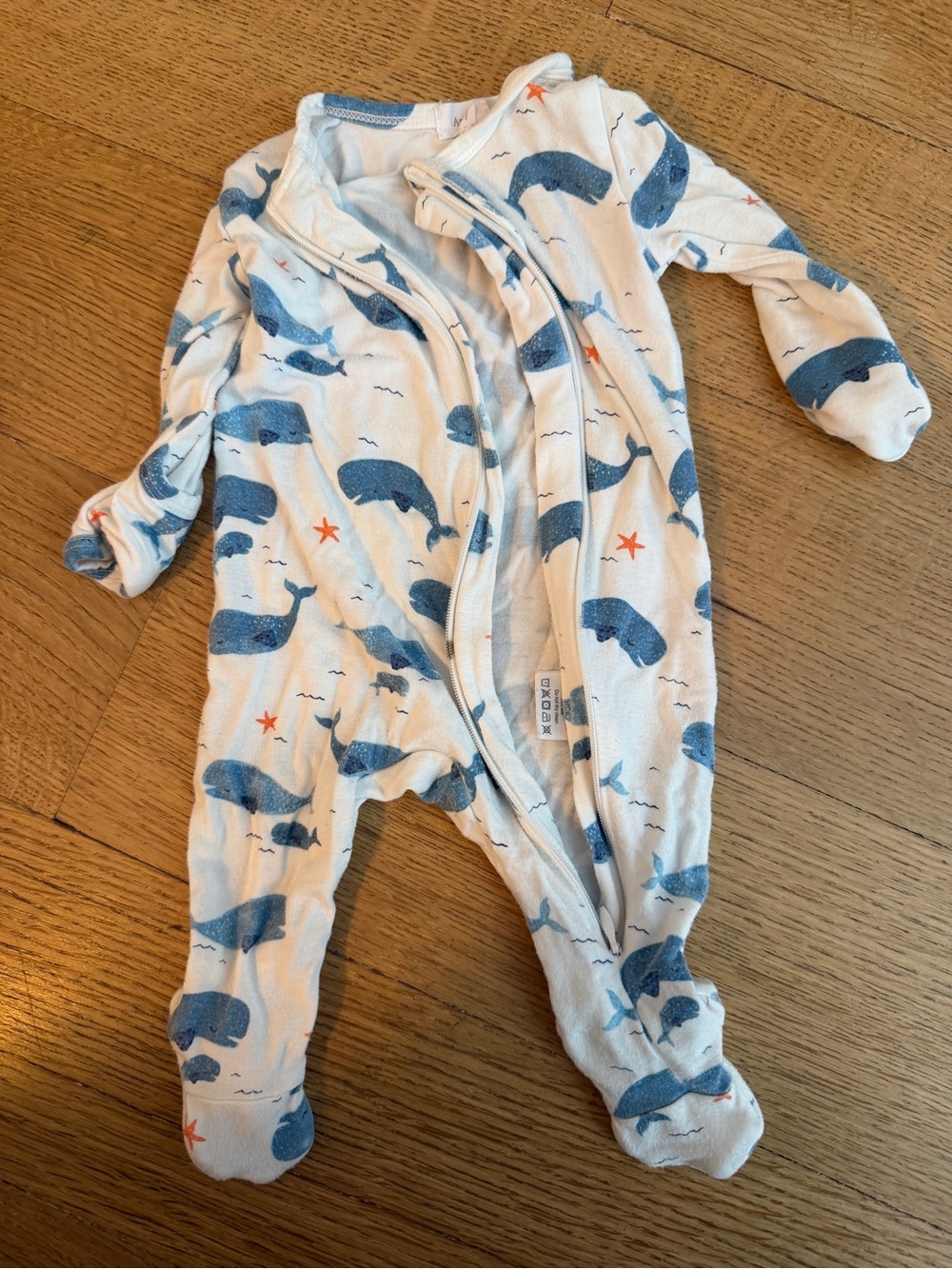Angel Dear White Footed One-Piece with Blue Whale & Orange Star Print